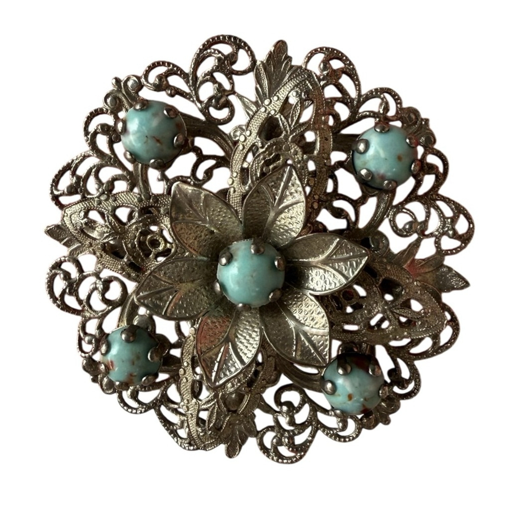 Vintage faux turquoise silver brooch